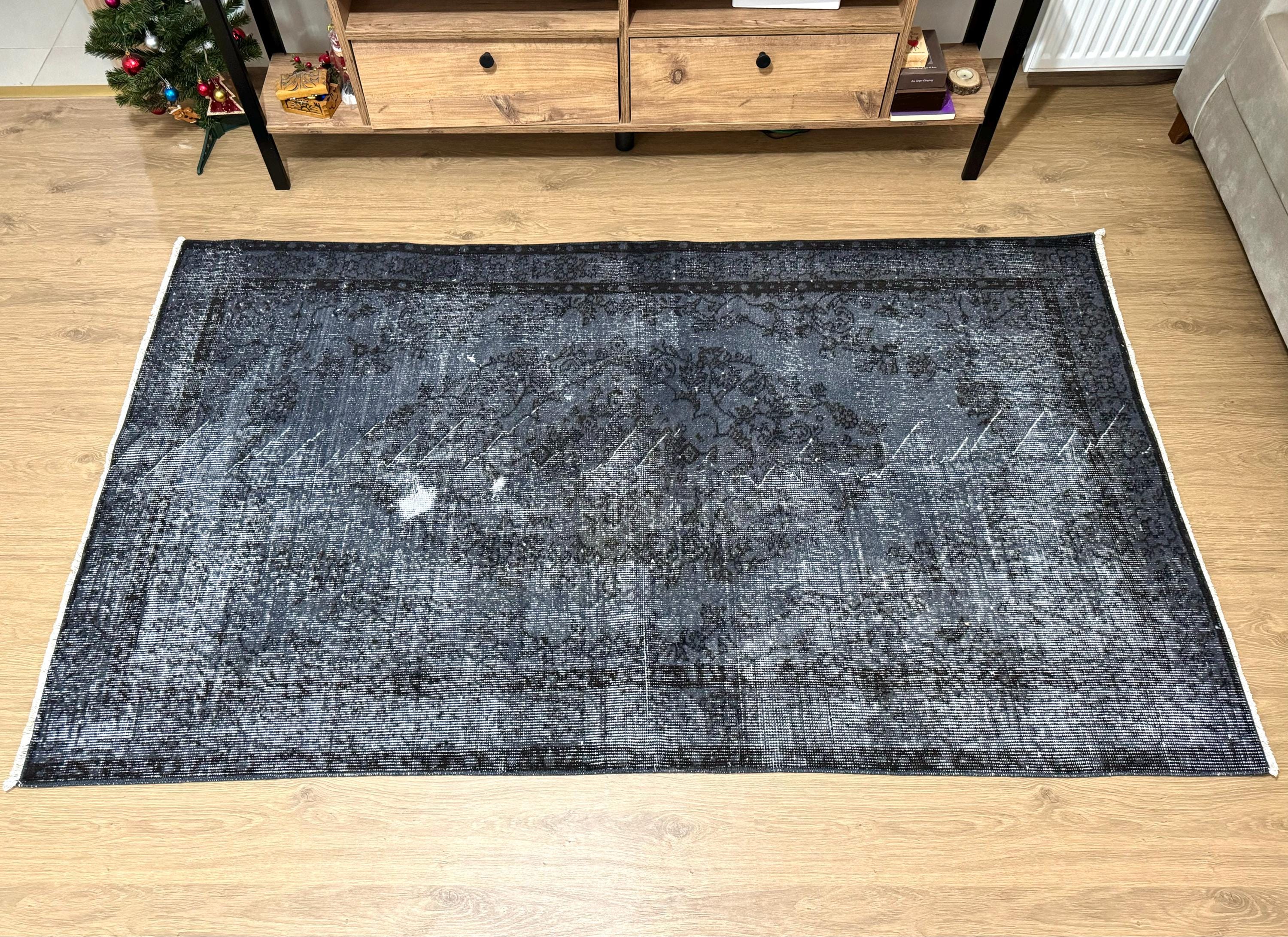 4x6 Black & Blue Vintage Rug, Small Accent Rug, Throw Rug, Goth Rug ...