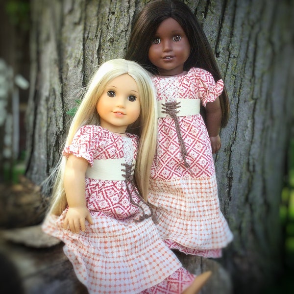 18" in Girl Doll Clothes - 2pc Peasant Maxi Long Length Dress with Belt - Tan and Red Diamonds