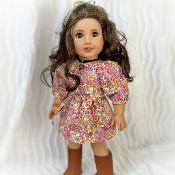 18in Girl Doll Clothes - Puffy Sleeves Baby Doll Dress - Natural Earth-tone Mauve + Olive