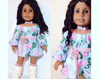 Aqua n White Polk-Dots Girl Doll 18 in Doll Clothes Peasant Short Romper Jumper