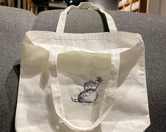 Embroidered Cat Tote Bag – Handmade Fluffy Kitty Canvas Bag