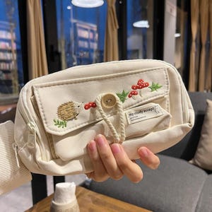 Cute Hand Embroidered Hedgehog and Red Mushroom Pencil Case, Cosmetic Pouch, Kawaii Zipper Bag | Handmade Gift for Animal Lovers