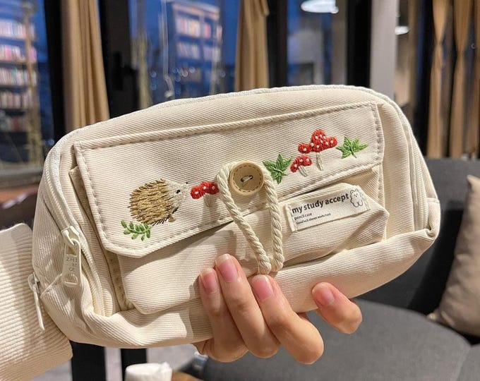 Cute Hand Embroidered Hedgehog and Red Mushroom Pencil Case, Cosmetic Pouch, Kawaii Zipper Bag | Handmade Gift for Animal Lovers