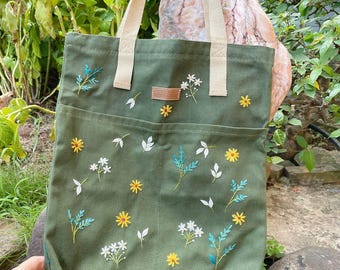 刺繍入りキャンバストートバッグ、花柄レディースショッピングバッグ
