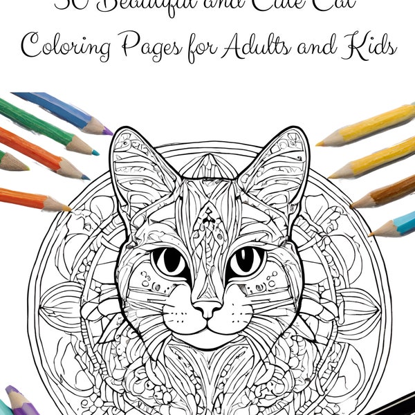 Livre de coloriage de chats mignons - Livre de coloriage HD pour adultes et enfants - 30 magnifiques motifs de style mandala - anti-stress
