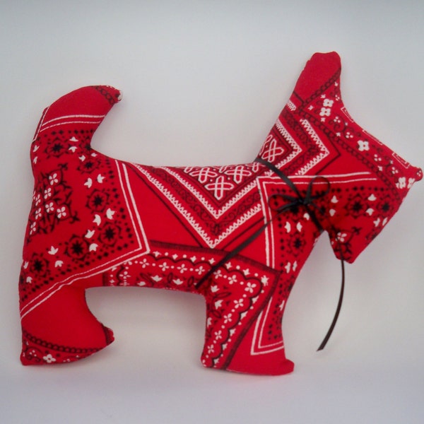 Red Bandana Scottie Dog,  Upcycled Fabric Stuffed Scotty, Primitive Red, Black, & White Scottie,  Country Western Scottish Terrier