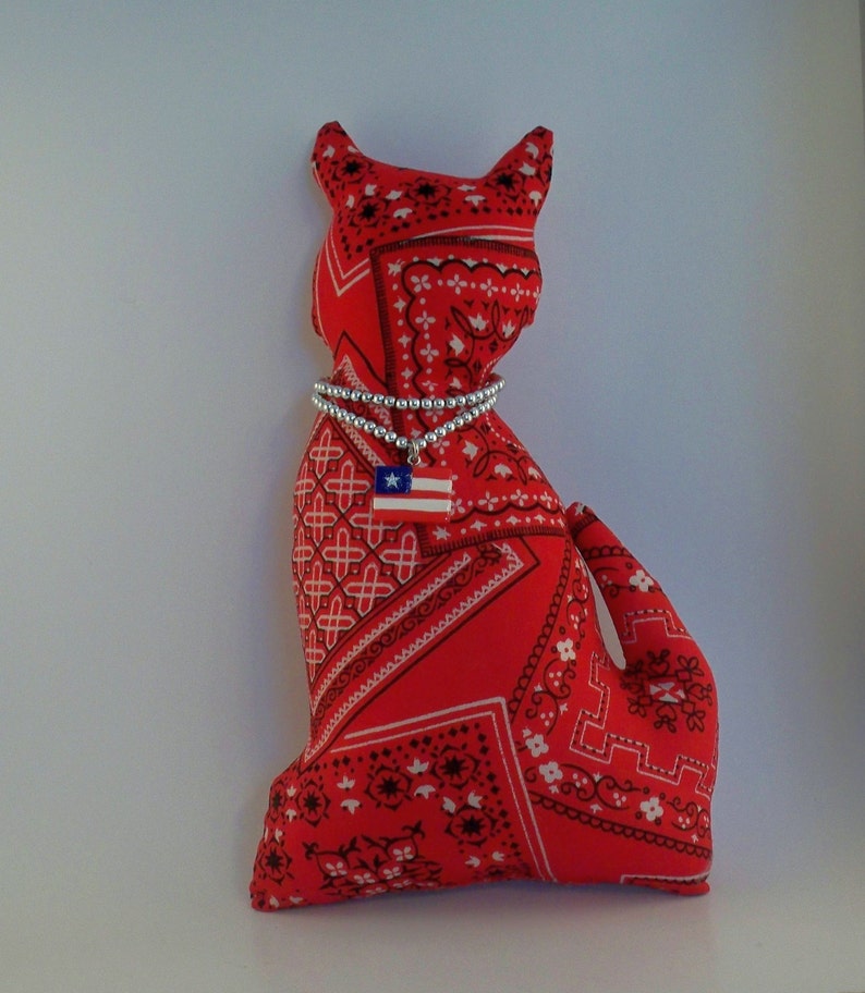 Red Bandana Cat w/ Flag Collar Primitive Stuffed Cat Red Etsy