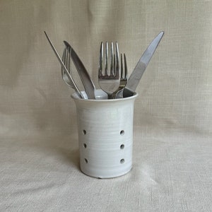 Hand Thrown Ceramic Cutlery Drainer: Soft White Glaze Sink Organizer (optional underplate)
