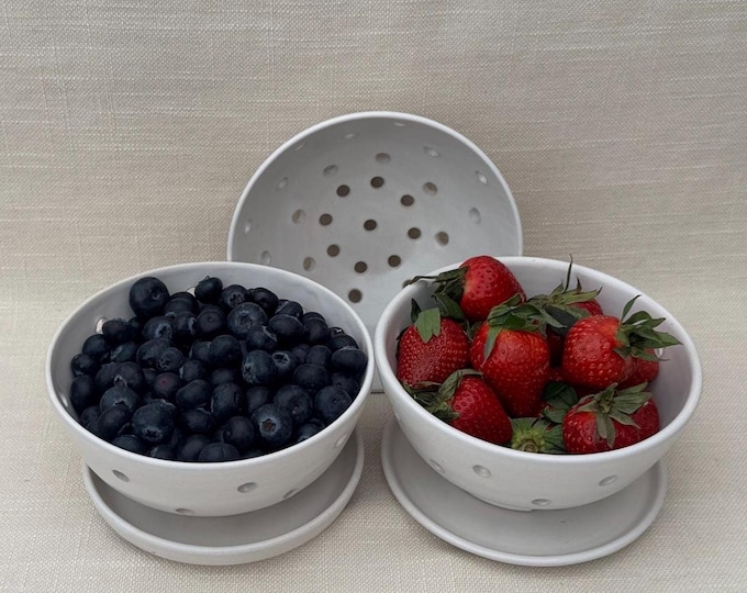 Hand Thrown Ceramic Berry Bowl: Soft Cloud White Glaze Stoneware Drainer with optional underplate