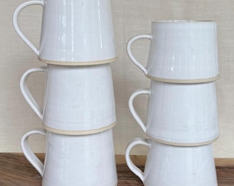 Hand thrown ceramic stoneware tapered tea / coffee mugs with handle in soft white glaze