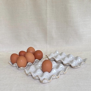 Handmade Ceramic Egg Holder: Glazed White Egg Tray