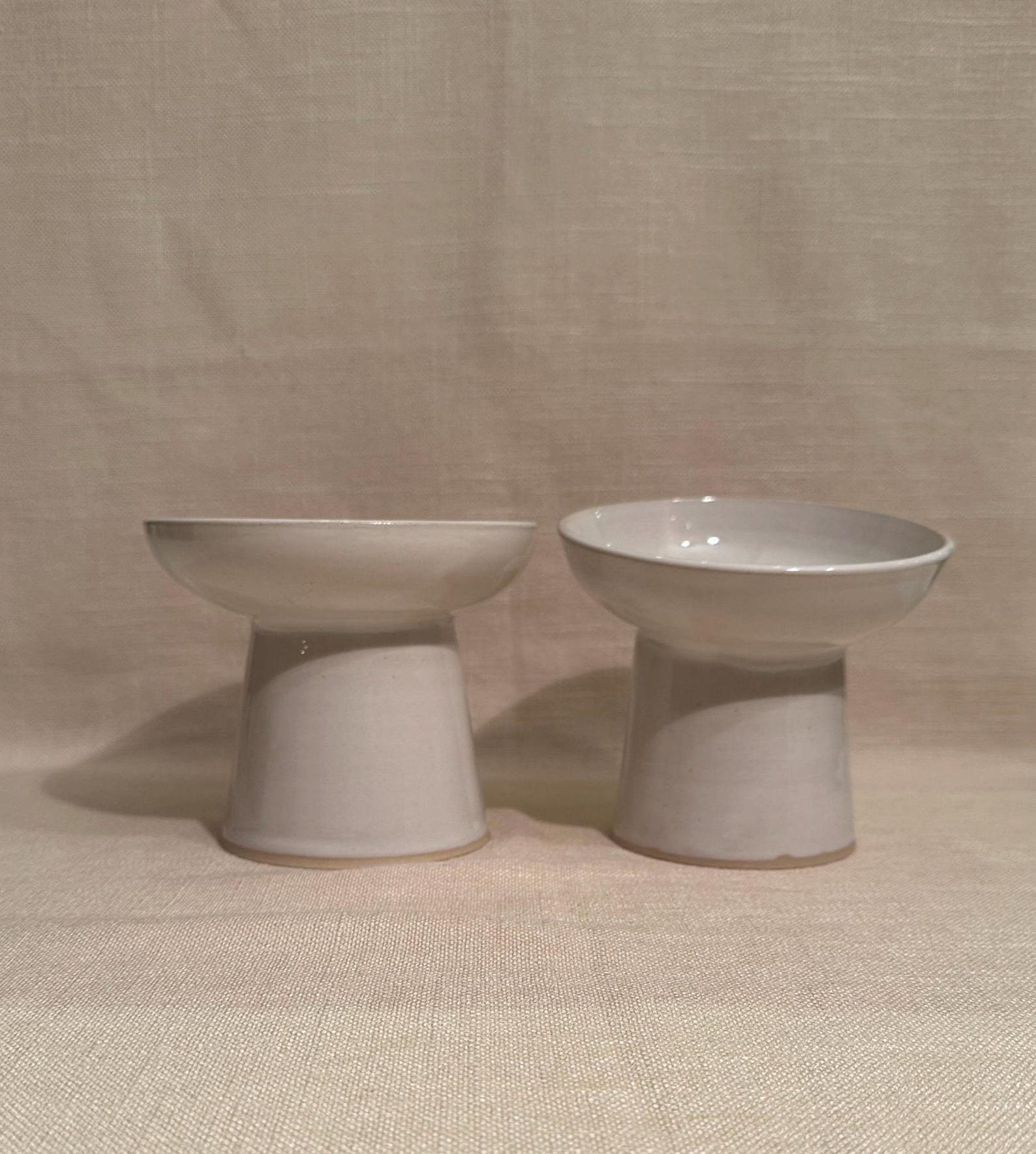 Hand Thrown Ceramic Elevated Pet Bowl: Wide Opening, Soft White Glaze - Flat