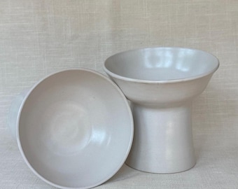 Hand Thrown Ceramic Elevated Pet Bowl: Wide Opening, Soft White Glaze