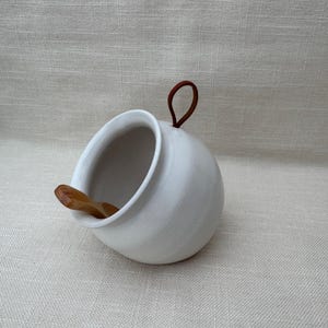 Hand Thrown Ceramic Salt Pig with Wooden Spoon:  Soft Cloud White Glaze