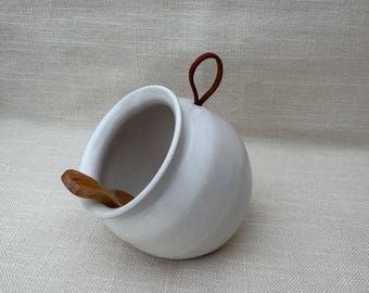 Hand Thrown Ceramic Salt Pig with Wooden Spoon:  Soft Cloud White Glaze