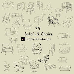 May include: A set of 75 black and white line drawings of sofas and chairs. The drawings are in a variety of styles, including modern, traditional, and whimsical. The text "75 Sofa's & Chairs Procreate Stamps" is at the bottom of the image.