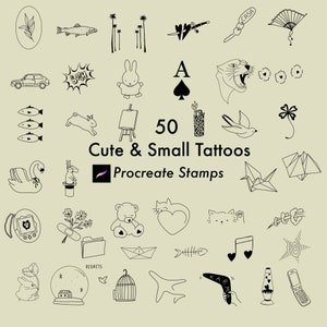 May include: A set of 50 black and white line art tattoo designs. The designs include a variety of cute and small images, such as a swan, a rabbit, a bird, a heart, a fish, a cat, a bear, a star, a flower, a plane, a lighthouse, a birdcage, a fishbone, a boat, a heart, a musical note, a boom, a lighter, a clover, a palm tree, a car, a house, a fan, a key, a sword, a rabbit, a spade, a panther, a flower, a fish, a rabbit, a paintbrush, a swan, a rabbit, a flower, a bear, a heart, a cat, a star, a boat, a fishbone, a heart, a musical note, a star, a snow globe, a birdcage, a plane, a boomerang, a lava lamp, and a phone.