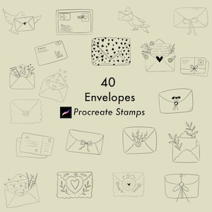 Könnte beinhalten: Eine Sammlung von 40 Procreate-Stempeln mit Umschlägen im Line-Art-Stil. Die Umschläge weisen verschiedene Designs auf, darunter Herzen, Blumen und Schleifen. Einige Umschläge werden von Tauben gehalten. Der Text "40 Envelopes Procreate Stamps" ist ebenfalls enthalten.