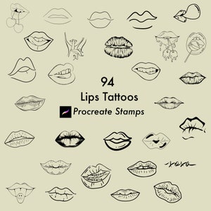 May include: A set of 94 black and white lip tattoo illustrations for Procreate. The illustrations are in various styles, including simple outlines, detailed drawings, and lips with embellishments.