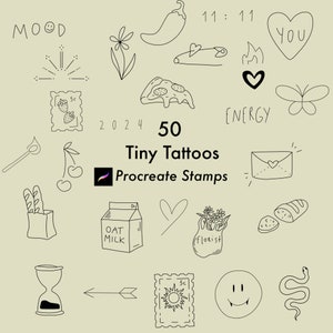 Może przedstawiać: Zestaw 50 czarno-białych wzorów tatuaży w stylu liniowym do użycia z aplikacją Procreate. Wzory obejmują różnorodne urocze i modne motywy, takie jak serca, kwiaty, jedzenie i zwierzęta.