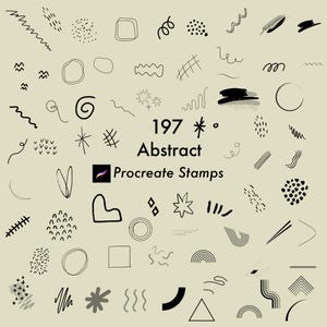 Puede incluir: Un conjunto de 197 sellos abstractos de Procreate que presentan diversas formas, líneas y patrones en blanco y negro. Los sellos están diseñados para su uso en arte digital e ilustración.