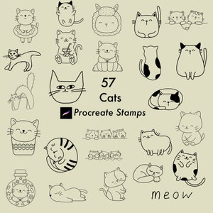 Könnte beinhalten: Ein Set mit 57 Schwarzweiß-Linienzeichnungen von Katzen in verschiedenen Posen. Die Illustrationen sind für die Verwendung als Procreate-Stempel konzipiert.