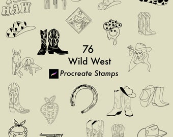Wild West Procreate Brush Stamps | Cowboy Tattoo Procreate | Procreate Stamps | Tattoo Procreate | Cowboy Hat Boots Stencil