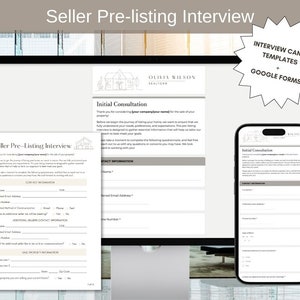 Könnte beinhalten: Ein Computerbildschirm und ein Smartphone zeigen ein Formular für ein Vorgespräch zur Immobilienvermittlung mit dem Titel "Seller Pre-Listing Interview". Das Formular enthält Abschnitte für Kontaktinformationen, zusätzliche Kontaktinformationen des Verkäufers und Informationen zur Immobilienveräußerung. Das Formular soll Immobilienmaklern helfen, Informationen von potenziellen Verkäufern zu sammeln, bevor sie deren Immobilie zum Verkauf anbieten.