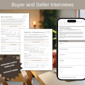 Könnte beinhalten: Ein Satz von drei druckbaren Formularen für Käufer- und Verkäuferinterviews. Die Formulare sind für Immobilienmakler konzipiert und beinhalten Abschnitte für Kontaktinformationen, Eigentumsdetails und bevorzugte Kommunikationsmethoden. Die Formulare sind mit "Käuferinterview", "Vorgespräch zur Verkaufsvorbereitung" und "Erstberatung" betitelt.