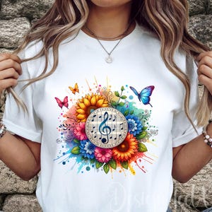 Musicista PNG - Design con note musicali floreali colorate per magliette a sublimazione, design per t-shirt, regalo per insegnanti di musica, clipart digitale
