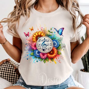 Musician PNG – Colorful Floral Music Notes Design for Sublimation Shirts, T-shirt Design, Music Teacher Gift, Digital Clipart