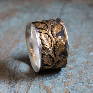 Leaf ring, Vine ring, gold silver ring, wide silver band, Leaves ring, Sterling silver ring, Nature ring, two tone ring - Connected R2093