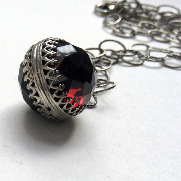 Garnet necklace, Onyx necklace, Double sided pendant, energy ball necklace, silver crown necklace, two birthstones pendant - Be Loved N2006