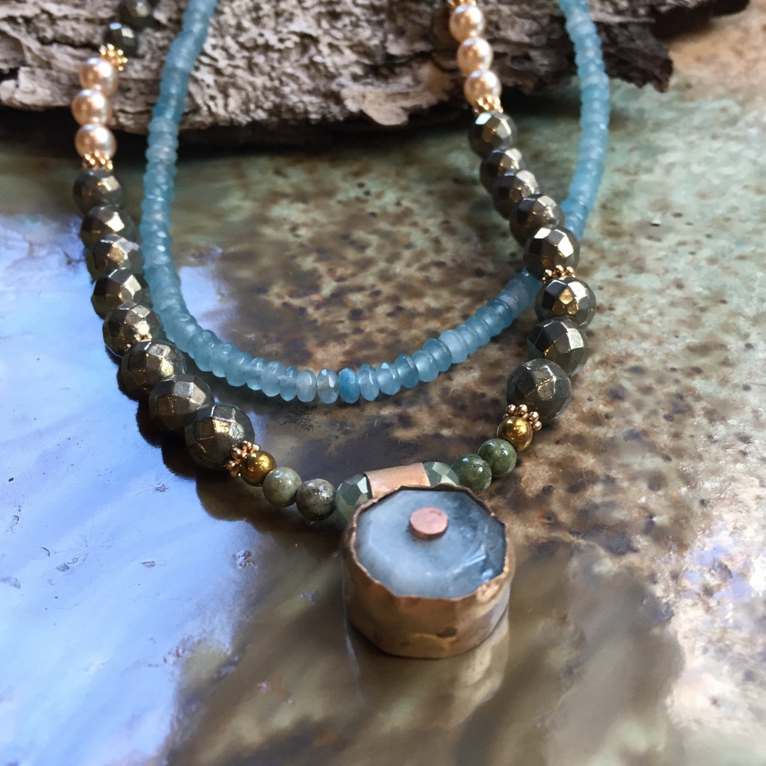 Aquamarine Necklace Pyrite Necklace Gemstone Pendant Milky - Etsy