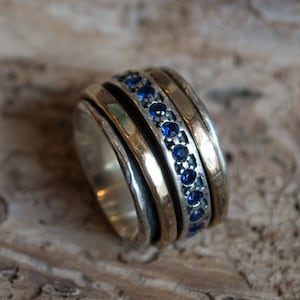 Meditation Ring, sapphires ring, gold silver ring, stacking rings, spinner ring, wide silver ring, wedding ring, gold - Endlessly R1075L-5