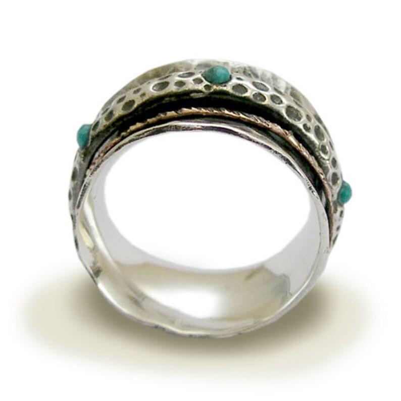 silver gold band Spinner ring turquoise ring yellow gold band Stacking rings two tones ring On the edge R1355 Sterling silver ring