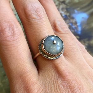 Raw gemstone jewelry, Milky aquamarine ring, Two tones ring, silver gold ring, gemstone ring, grooved ring - Almost like the blues R2418
