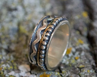 Anxiety ring,Silver gold ring, Spinner ring, two toned ring, wave ring, silver band, meditation ring, men band, wedding band - Waves R2081