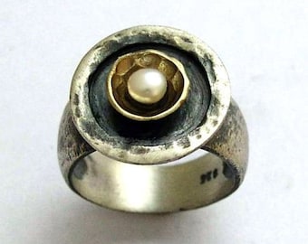 Perlenring, Statement-Ring, Cocktailring, Sterlingsilberring, Silbergoldring, Juni-Geburtsstein-Perlenring - Ein Tag ohne Regen R1438C