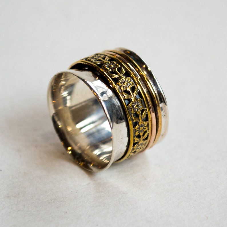 Fidget Ring Gold Spinning Ring Wide Unisex Ring Stacking Etsy