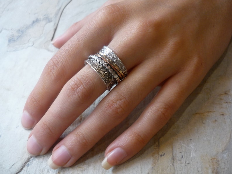 Stacking Ring Sterling Silver Band Shine R1209H Woodland Band Silver Gold Band Stacking Spinners Ring bohemian jewelry TwoTone Ring