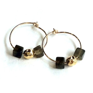 Small hoop earrings, hoop earrings, dainty gold filled earrings, stone earrings, green earrings, labradorite earrings - The two of us E8007