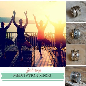 May include: Three people practice yoga on a wooden deck with a sunset in the background. The image features a collection of silver meditation rings with various designs, including a ring with red stones.