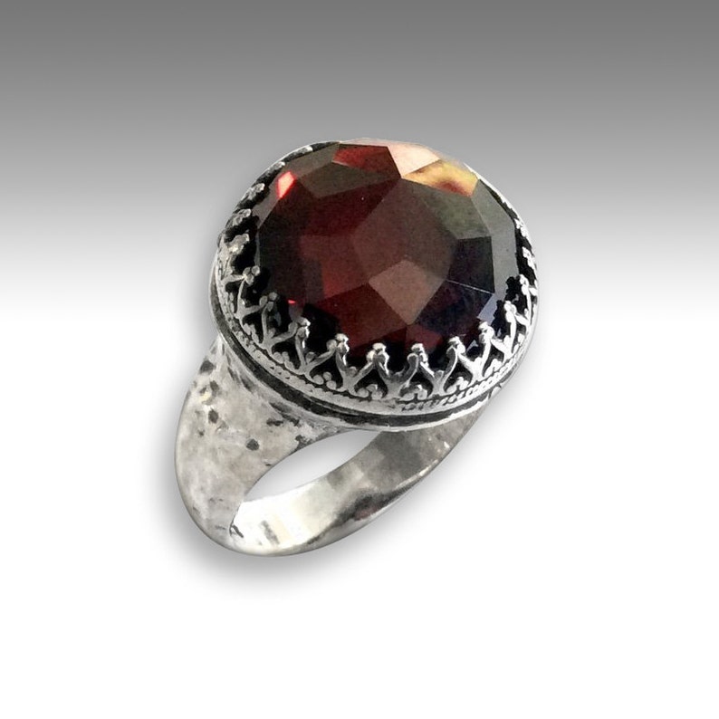 Garnet ring, gemstone ring, crown ring, sterling silver ring, statement ring, Bohemian jewelry, cocktail ring Point of imagination R2190 image 2