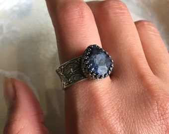 Iolite gemstone ring, filigree wide silver ring, blue stone ring, crown ring, statement ring, drop stone ring, everyday ring - My joy R2605