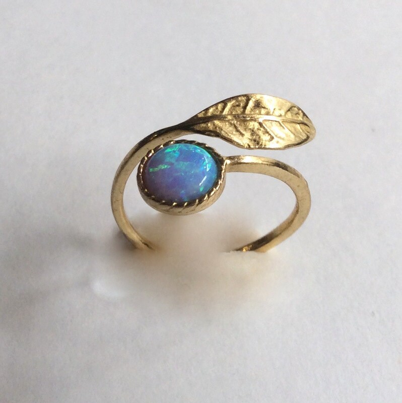 Opal ring Thin ring leaf ring Golden brass ring adjustable | Etsy