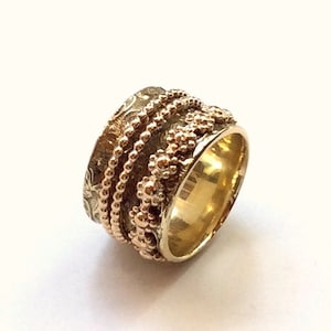 Golden brass band, ring with spinners, botanical ring, fidget spinner ring, wide band, meditation ring, filigree ring  - Loving guy RK2361