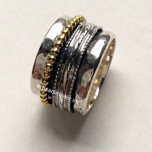 Wedding band, wide oxidized ring, mixed metal ring, wide band, spinners ring, Sterling silver ring, silver gold band - Majestic life R2075