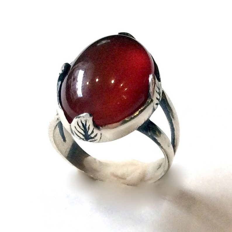 Carnelian ring Four leaves R2056 Gypsy Ring oval gemstone ring statement ring cocktail ring leaf prongs ring Sterling silver ring