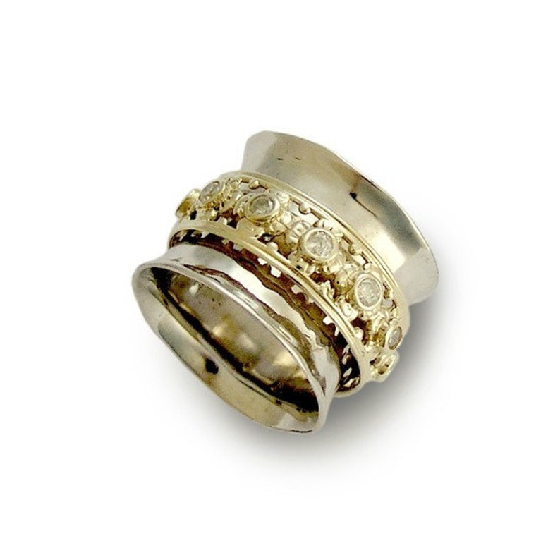 Wedding band, white gold ring, diamond ring, eternity band, yellow gold spinner, mixed metal ring, meditation ring New beginning RG1149XZ image 3